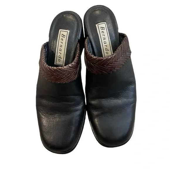 Vintage Bernardo Black and Brown Leather Mules - Size 6 - Picture 2 of 5